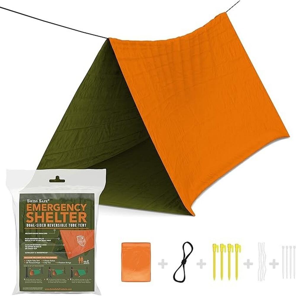 Swiss Safe Emergency Shelter Tube Tent Mylar Survival Tent 2 Person Waterproof